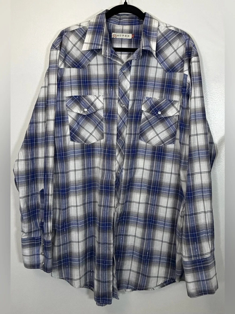 Roper Men's Blue and White Plaid Button-Down Western Shirt